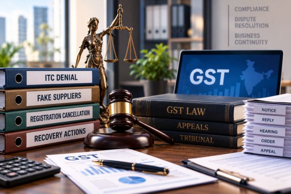 Legal desk featuring a gavel resting on GST Law books, a laptop displaying GST, Lady Justice, and binders labeled ITC Denial, Fake Suppliers, Registration Cancellation, and Recovery Actions.