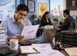 A stressed small business owner reviewing an overdue invoice at his desk, with a background showing a successful legal conciliation meeting and books on dispute resolution.