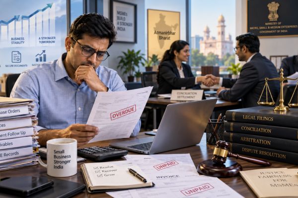 A stressed small business owner reviewing an overdue invoice at his desk, with a background showing a successful legal conciliation meeting and books on dispute resolution.